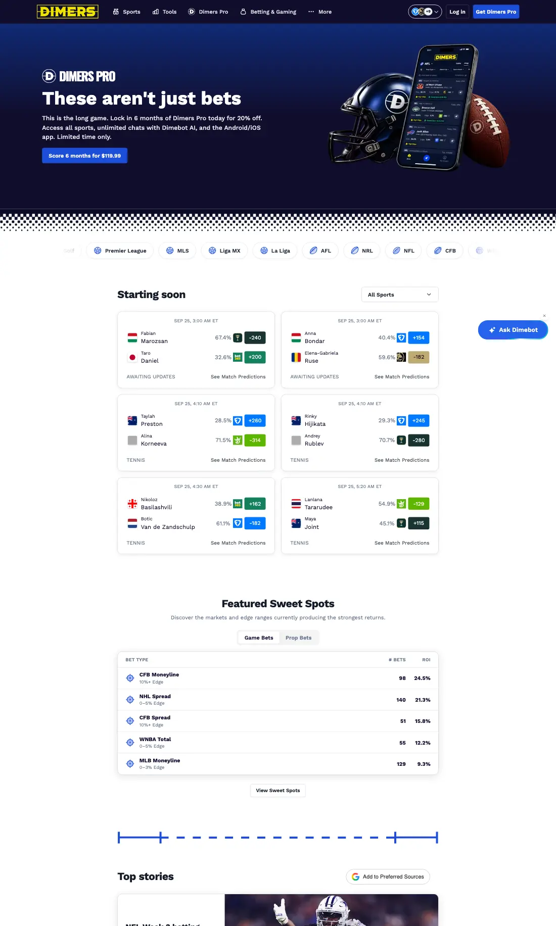 Dimers homepage with sports predictions and the Dimers Pro app