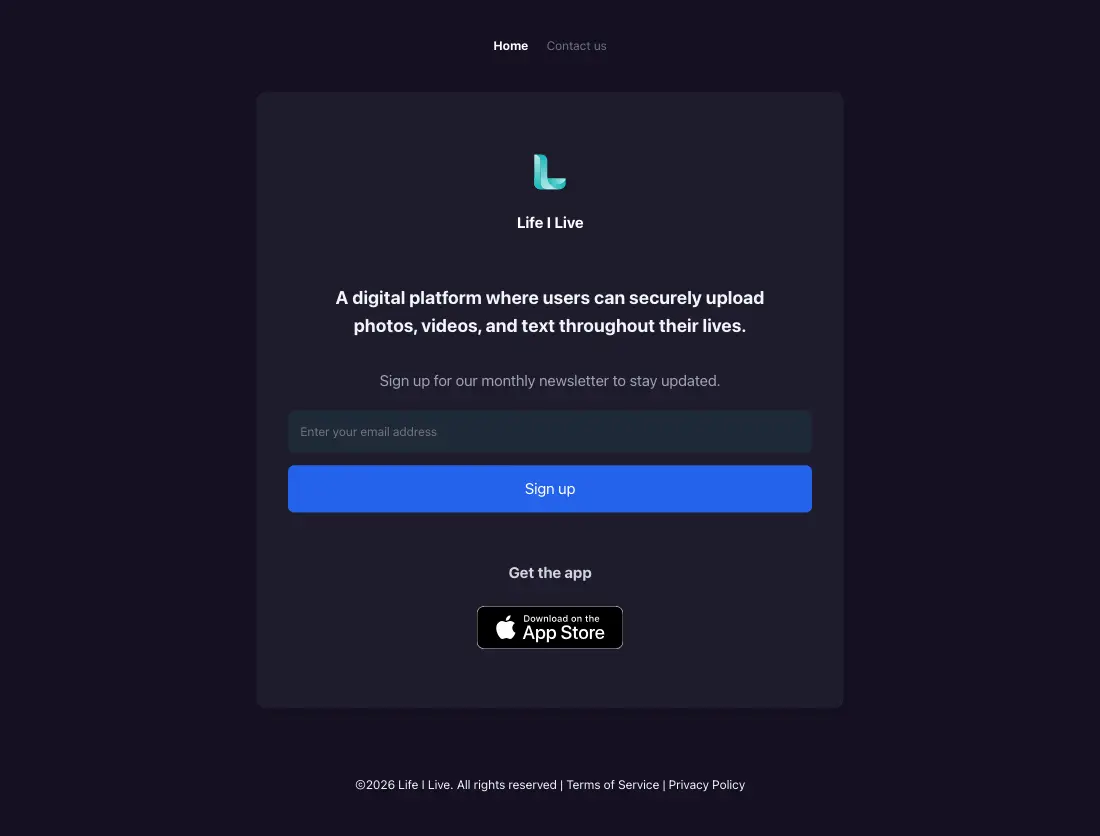 Life I Live homepage with the app download and newsletter sign-up