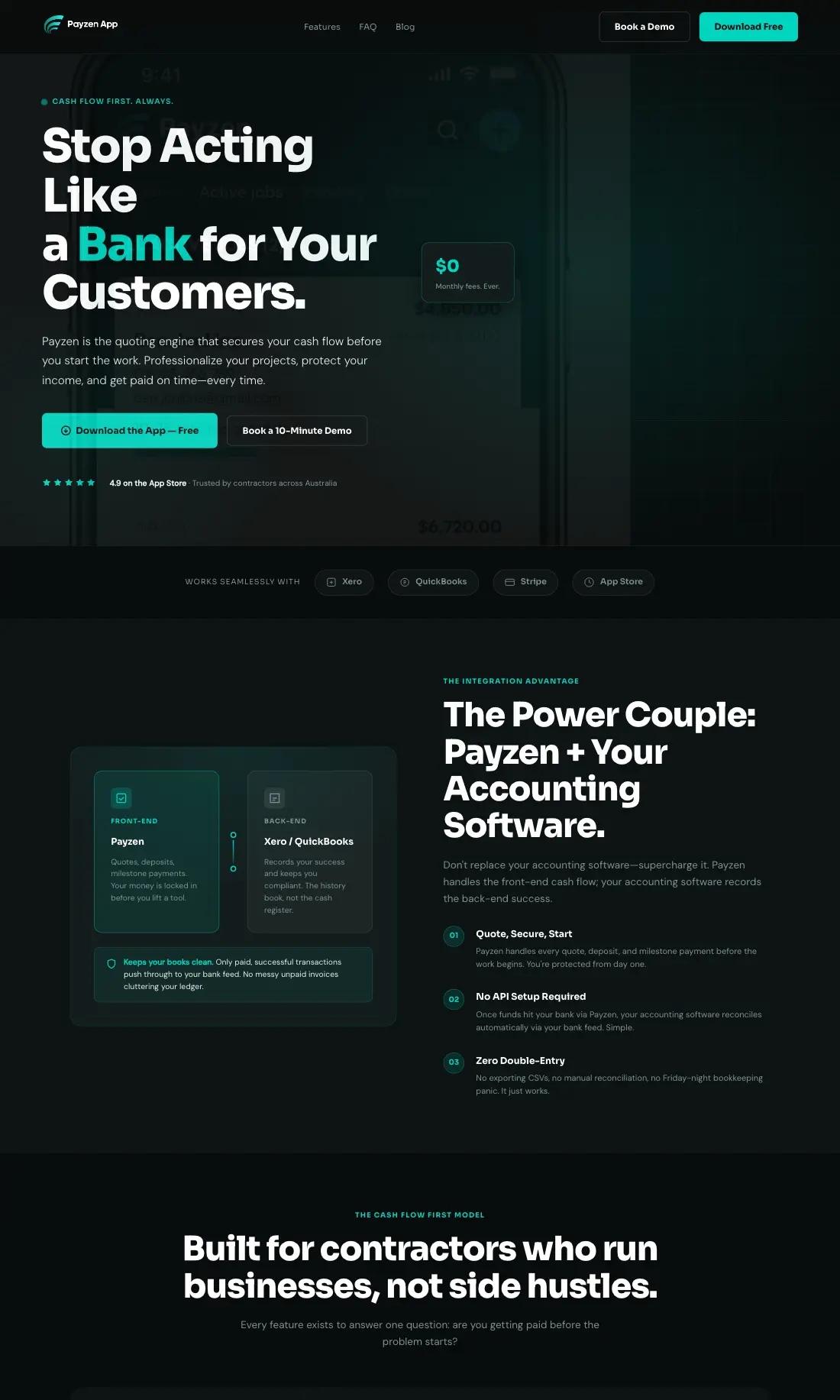 Payzen homepage with the headline Stop Acting Like a Bank for Your Customers